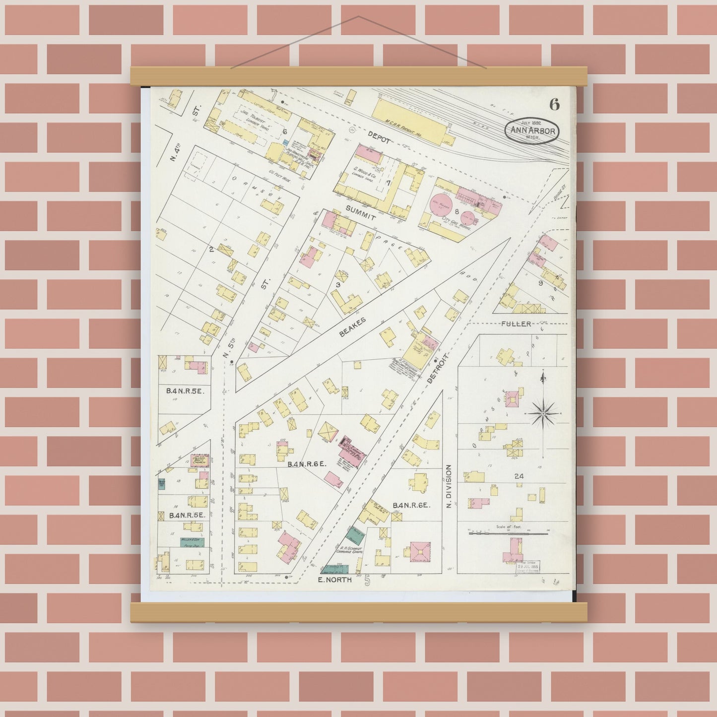 Old map wall art mockup — magnetic wood frame on brick wall — Sanborn Fire Insurance Map from Ann Arbor, Washtenaw County, Michigan (1892), Sheet #0006