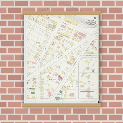 Old map wall art mockup — magnetic wood frame on brick wall — Sanborn Fire Insurance Map from Ann Arbor, Washtenaw County, Michigan (1892), Sheet #0006