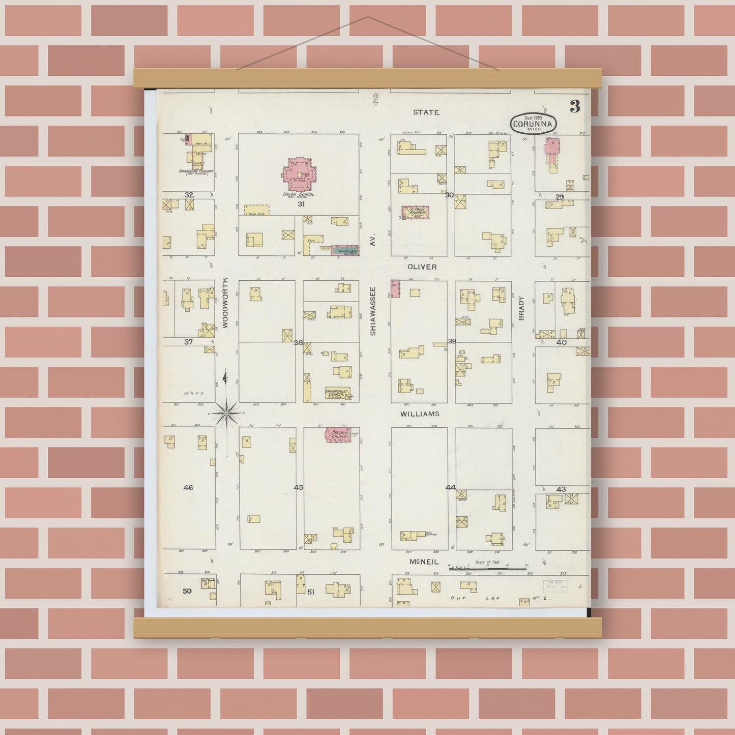 Old map wall art mockup — magnetic wood frame on brick wall — Sanborn Fire Insurance Map from Corunna, Shiawassee County, Michigan (1893), Sheet #0003