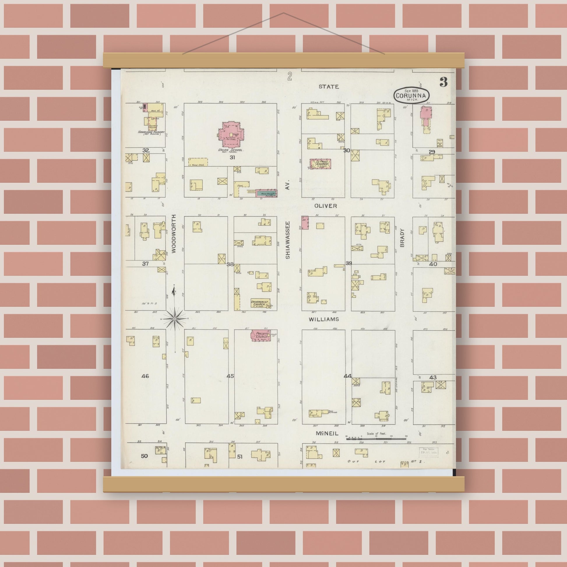 Old map wall art mockup — magnetic wood frame on brick wall — Sanborn Fire Insurance Map from Corunna, Shiawassee County, Michigan (1893), Sheet #0003