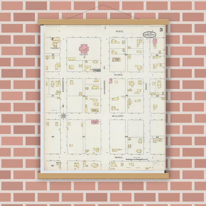 Old map wall art mockup — magnetic wood frame on brick wall — Sanborn Fire Insurance Map from Corunna, Shiawassee County, Michigan (1893), Sheet #0003