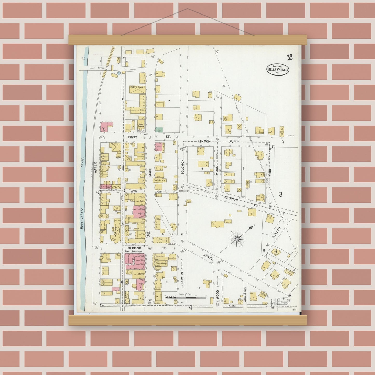 Old map wall art mockup — magnetic wood frame on brick wall — Sanborn Fire Insurance Map from Belle Vernon, Fayette County, Pennsylvania (1900), Sheet #0002