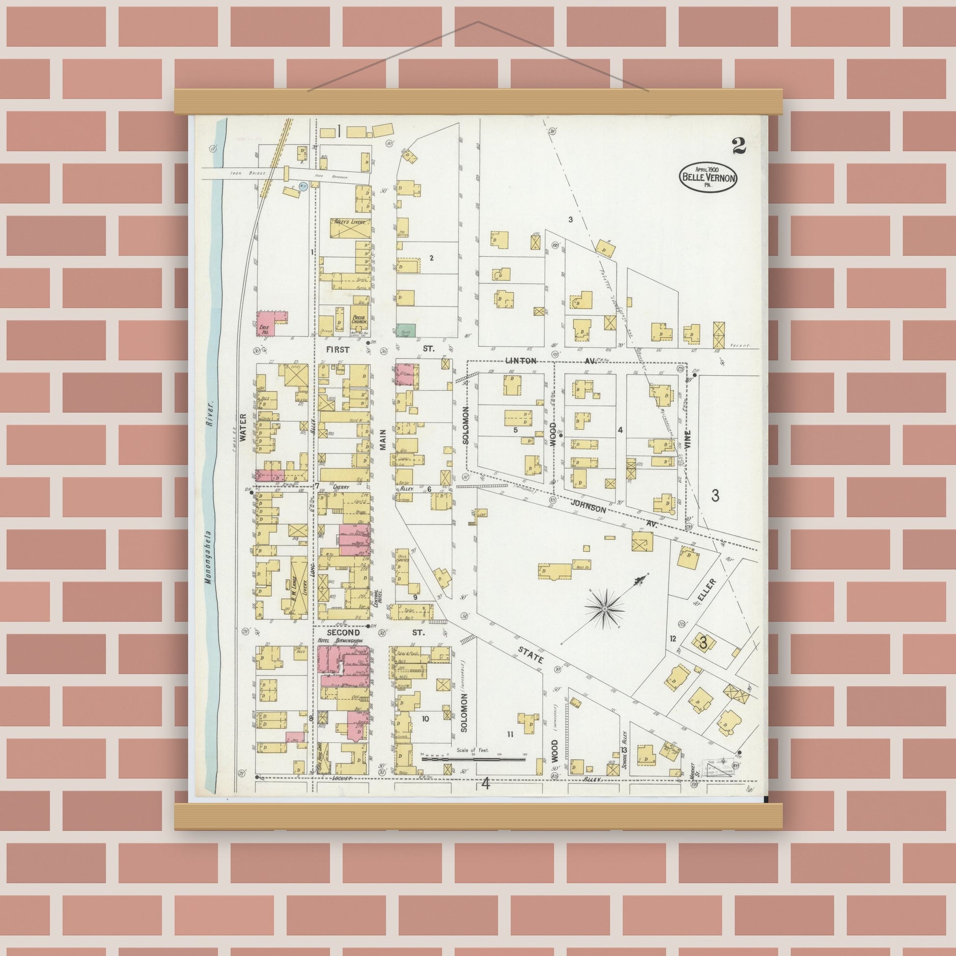 Old map wall art mockup — magnetic wood frame on brick wall — Sanborn Fire Insurance Map from Belle Vernon, Fayette County, Pennsylvania (1900), Sheet #0002