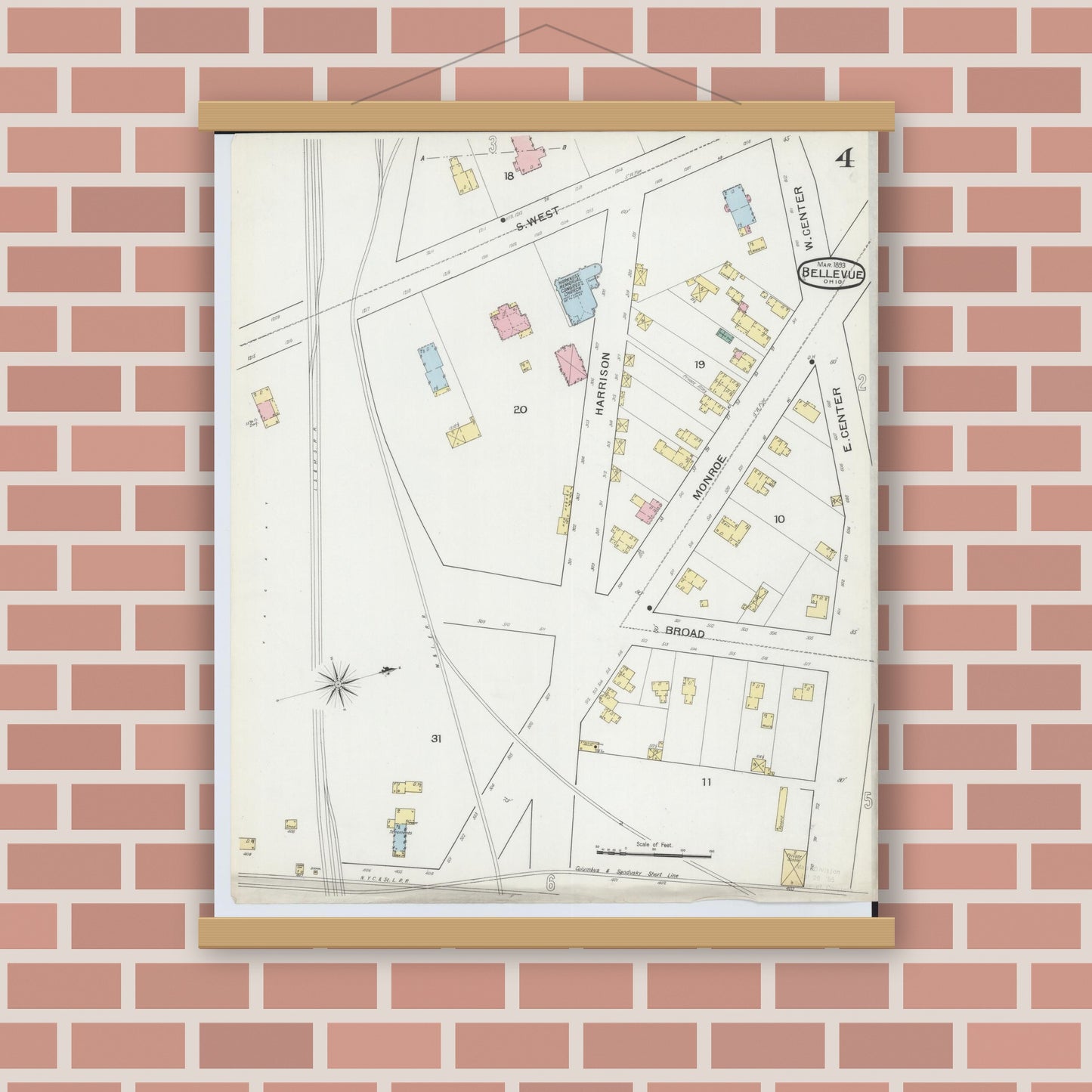 Old map wall art mockup — magnetic wood frame on brick wall — Sanborn Fire Insurance Map from Bellevue, Huron And Sandusky County, Ohio (1893), Sheet #0004