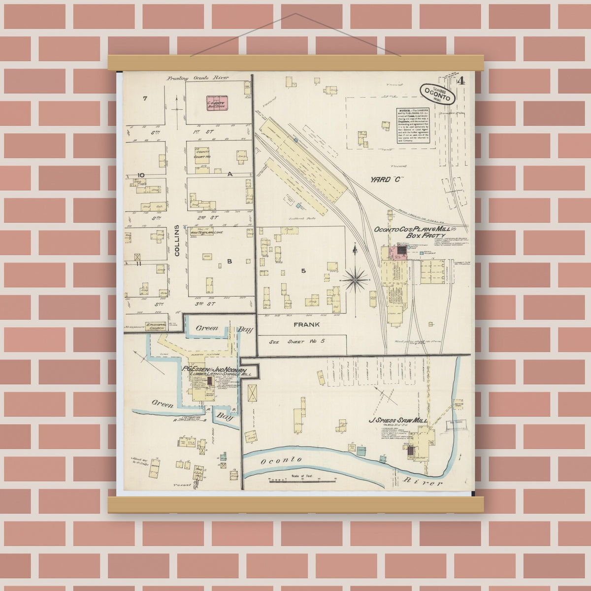 Old map wall art mockup — magnetic wood frame on brick wall — Sanborn Fire Insurance Map from Oconto, Oconto County, Wisconsin (1883), Sheet #0004
