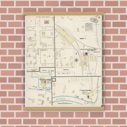 Old map wall art mockup — magnetic wood frame on brick wall — Sanborn Fire Insurance Map from Oconto, Oconto County, Wisconsin (1883), Sheet #0004
