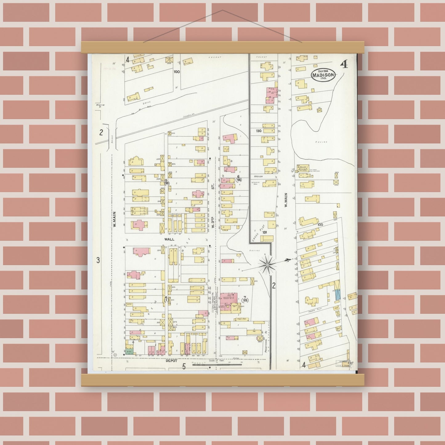 Old map wall art mockup — magnetic wood frame on brick wall — Sanborn Fire Insurance Map from Madison, Jefferson County, Indiana (1904), Sheet #0004
