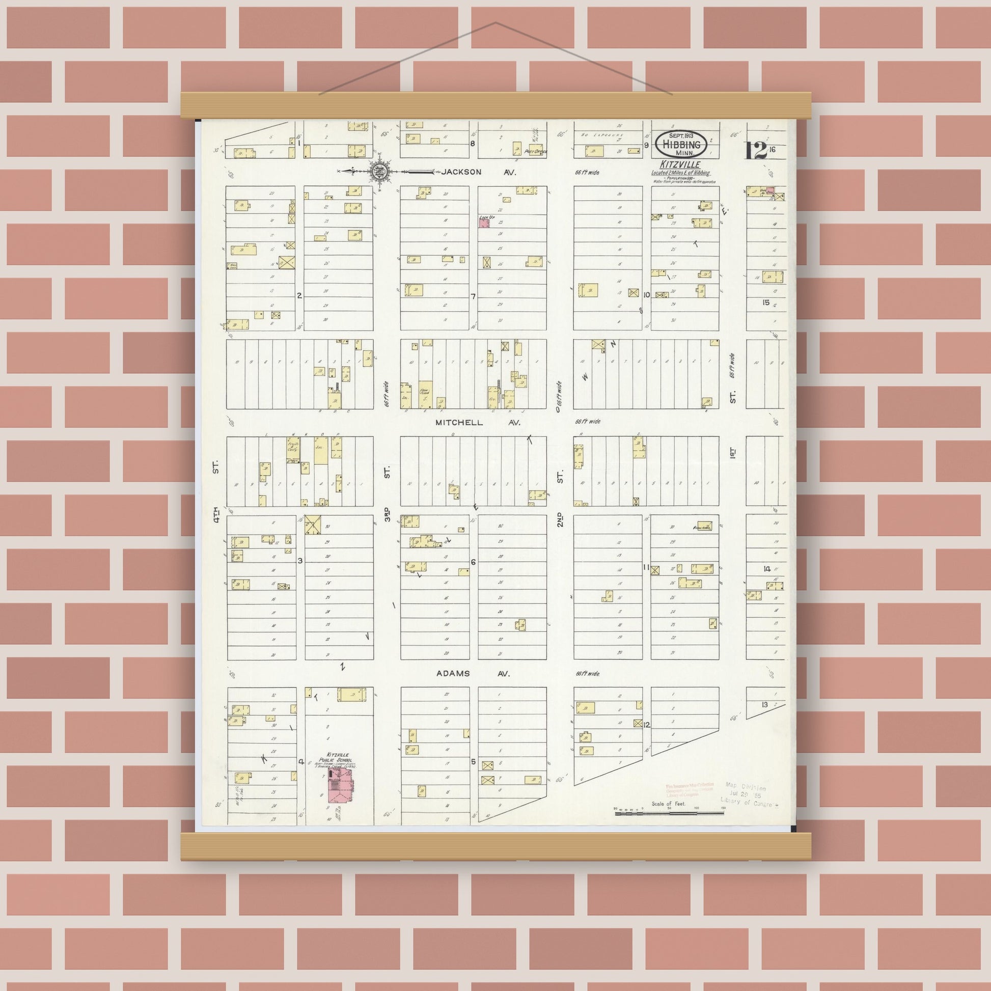 Old map wall art mockup — magnetic wood frame on brick wall — Sanborn Fire Insurance Map from Hibbing, Saint Louis County, Minnesota (1913), Sheet #0012