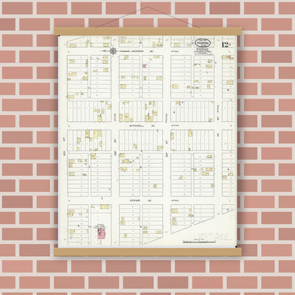 Old map wall art mockup — magnetic wood frame on brick wall — Sanborn Fire Insurance Map from Hibbing, Saint Louis County, Minnesota (1913), Sheet #0012