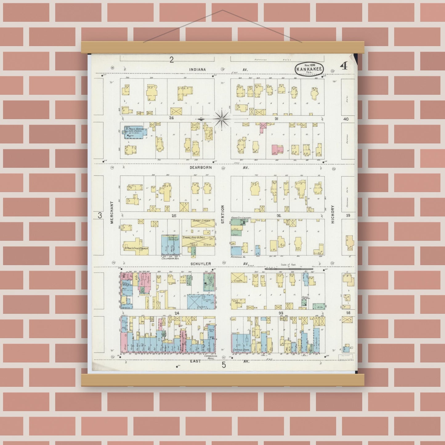 Old map wall art mockup — magnetic wood frame on brick wall — Sanborn Fire Insurance Map from Kankakee, Kankakee County, Illinois (1896), Sheet #0004