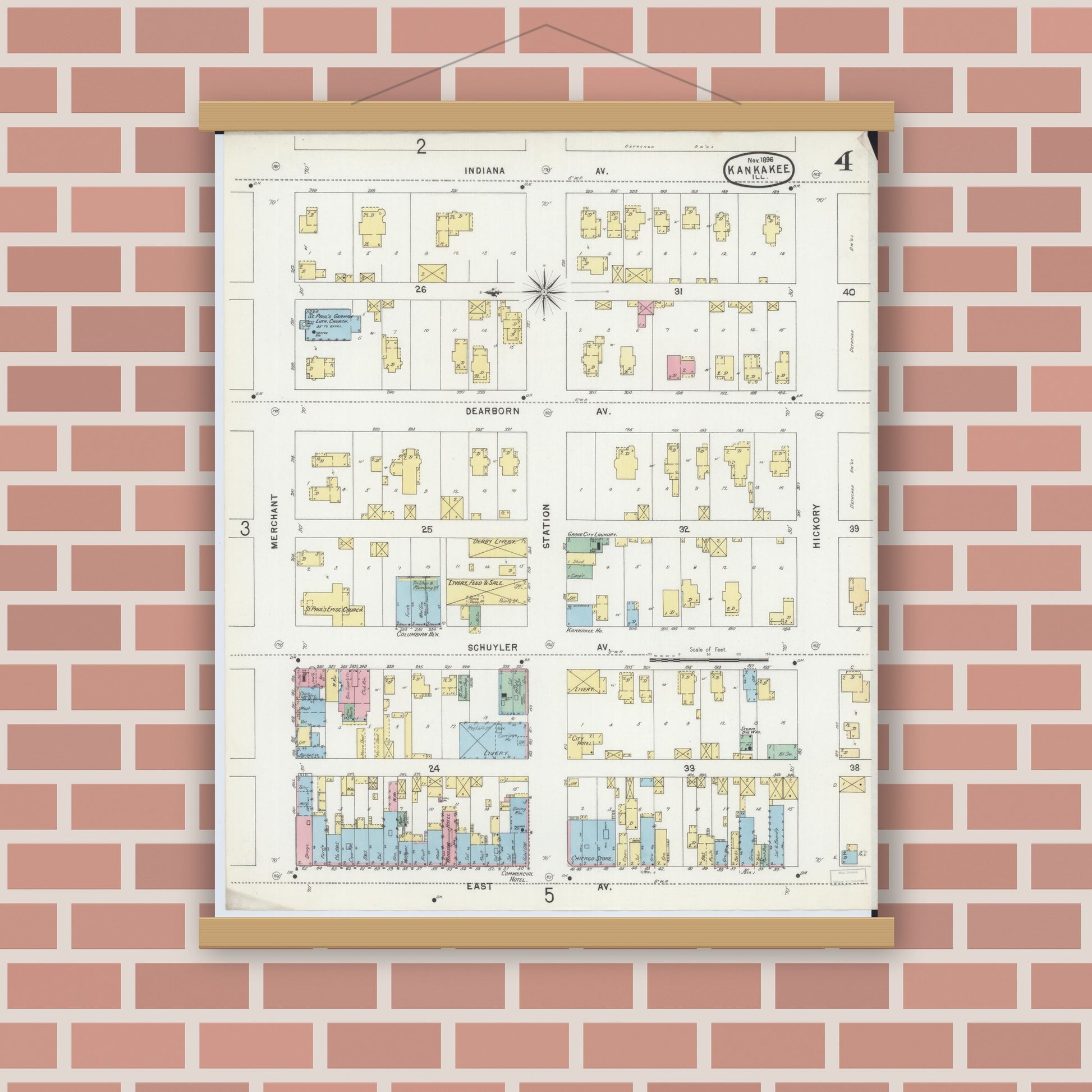 Old map wall art mockup — magnetic wood frame on brick wall — Sanborn Fire Insurance Map from Kankakee, Kankakee County, Illinois (1896), Sheet #0004