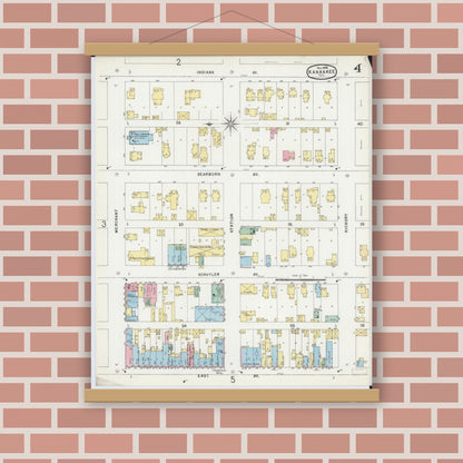 Old map wall art mockup — magnetic wood frame on brick wall — Sanborn Fire Insurance Map from Kankakee, Kankakee County, Illinois (1896), Sheet #0004