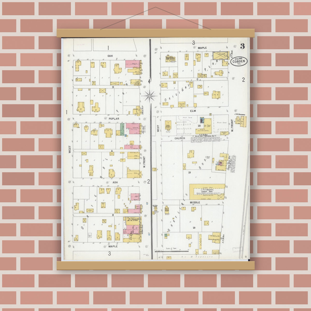 Old map wall art mockup — magnetic wood frame on brick wall — Sanborn Fire Insurance Map from Cobden, Union County, Illinois (1900), Sheet #0003
