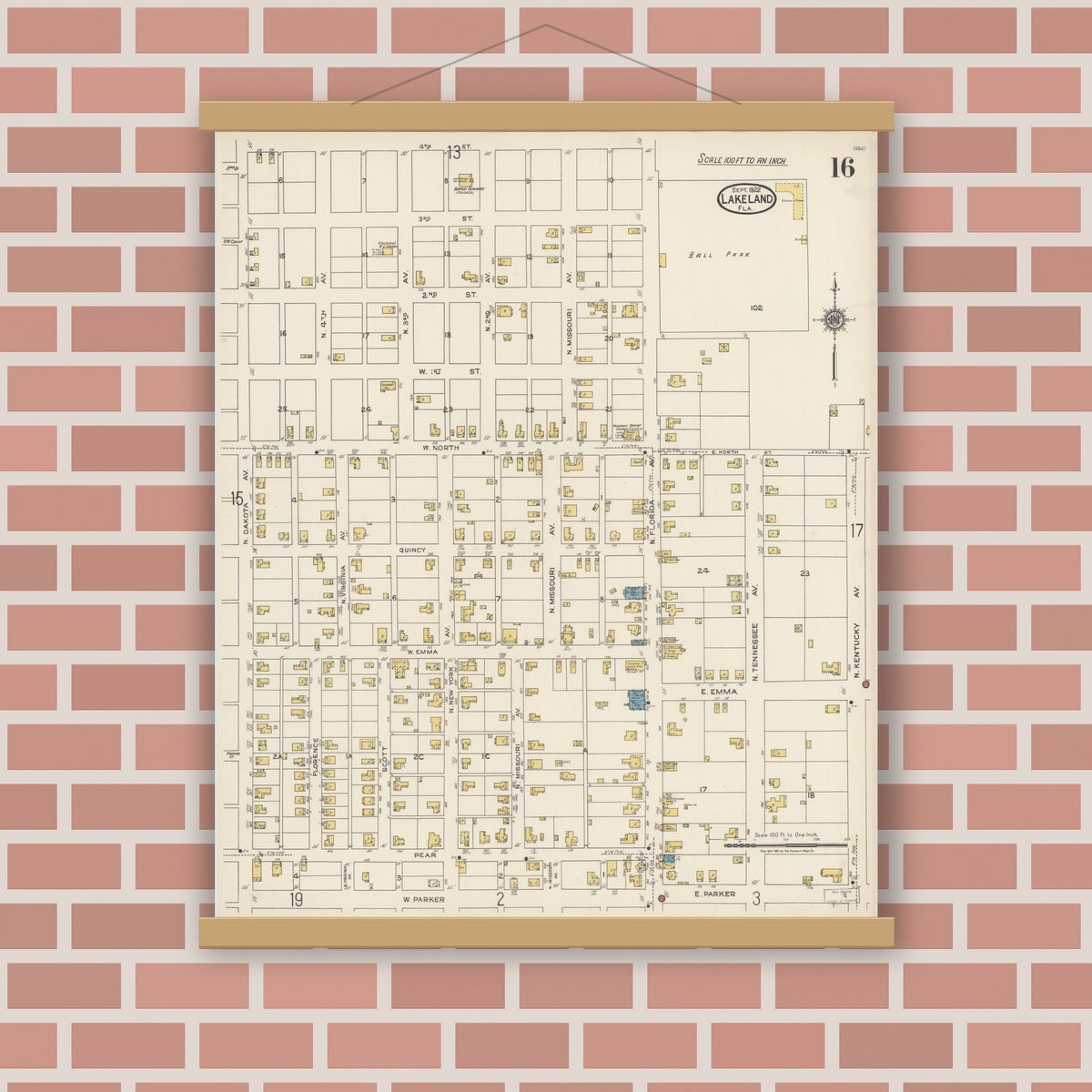 Old map wall art mockup — magnetic wood frame on brick wall — Sanborn Fire Insurance Map from Lakeland, Polk County, Florida (1922), Sheet #0016