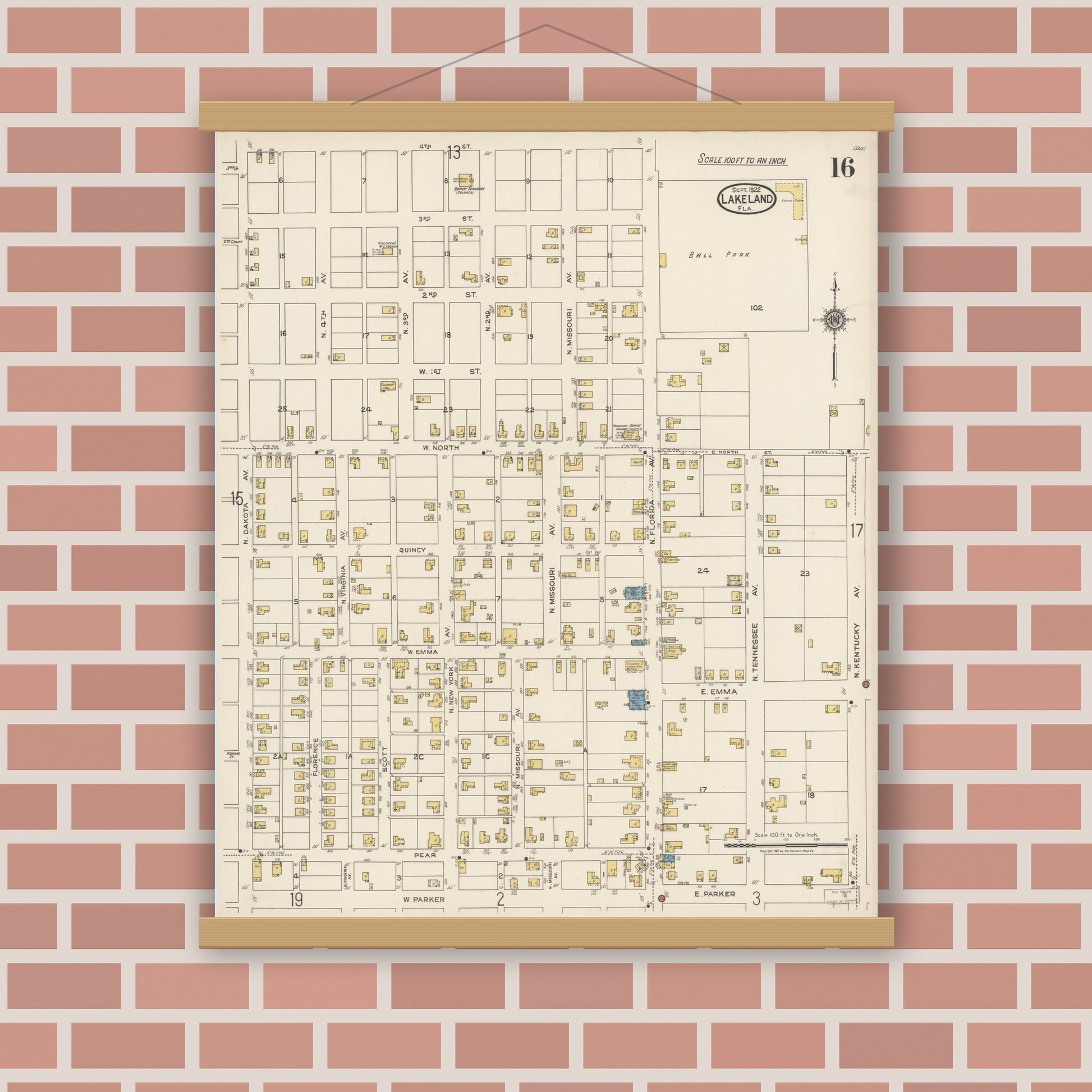 Old map wall art mockup — magnetic wood frame on brick wall — Sanborn Fire Insurance Map from Lakeland, Polk County, Florida (1922), Sheet #0016