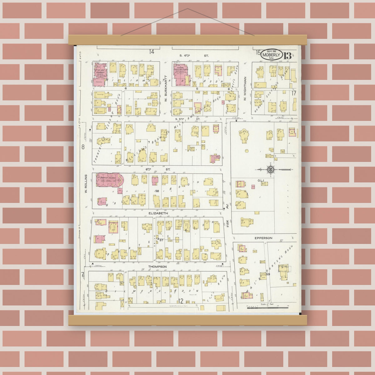 Old map wall art mockup — magnetic wood frame on brick wall — Sanborn Fire Insurance Map from Moberly, Randolph County, Missouri (1916), Sheet #0013