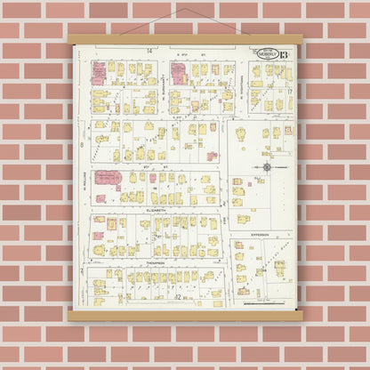 Old map wall art mockup — magnetic wood frame on brick wall — Sanborn Fire Insurance Map from Moberly, Randolph County, Missouri (1916), Sheet #0013