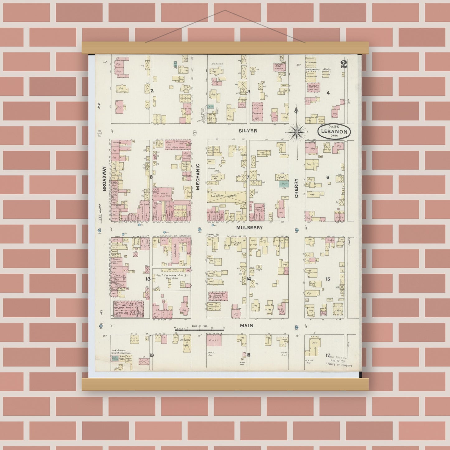 Old map wall art mockup — magnetic wood frame on brick wall — Sanborn Fire Insurance Map from Lebanon, Warren County, Ohio (1890), Sheet #0002