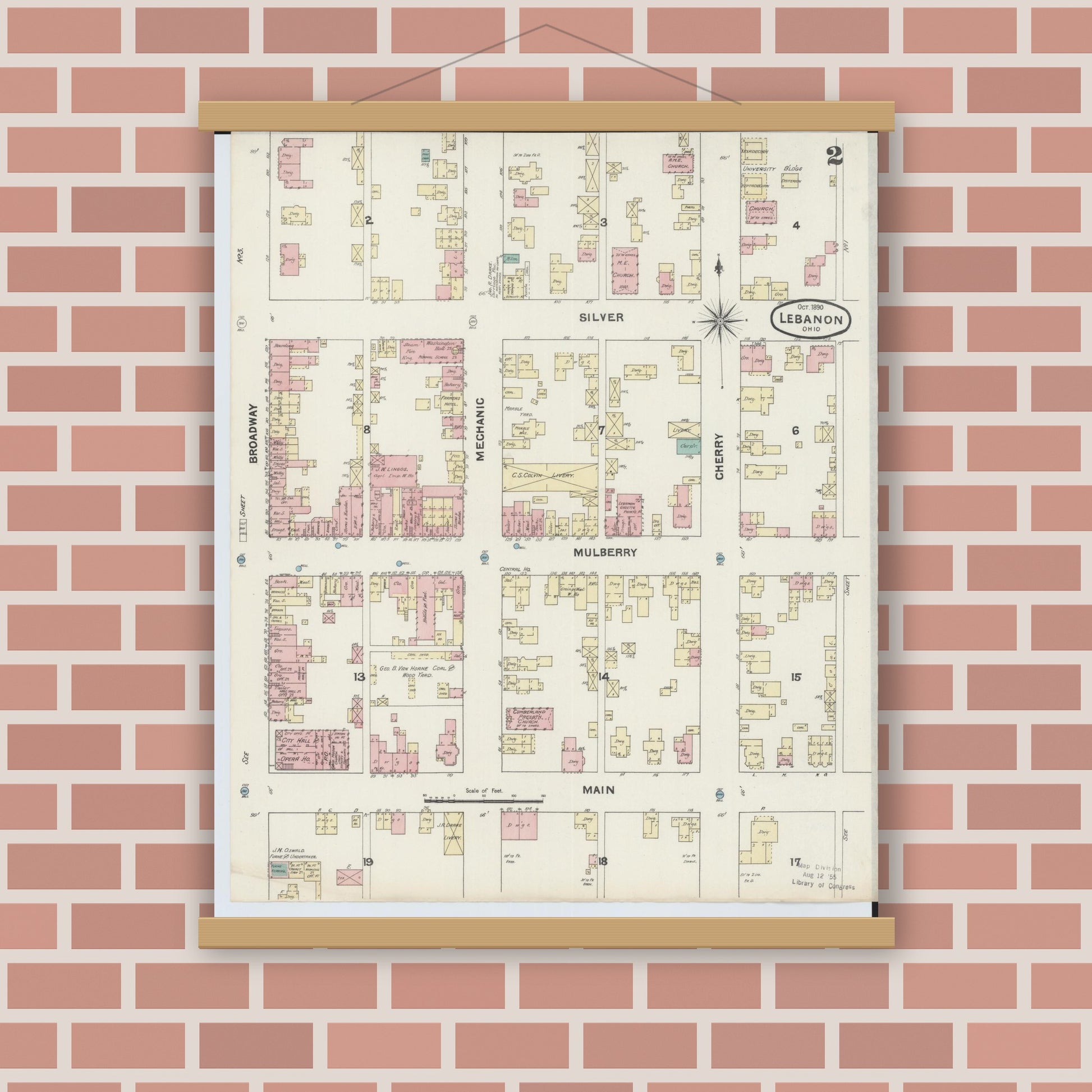 Old map wall art mockup — magnetic wood frame on brick wall — Sanborn Fire Insurance Map from Lebanon, Warren County, Ohio (1890), Sheet #0002