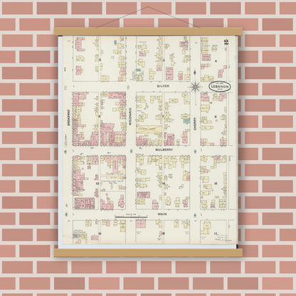 Old map wall art mockup — magnetic wood frame on brick wall — Sanborn Fire Insurance Map from Lebanon, Warren County, Ohio (1890), Sheet #0002