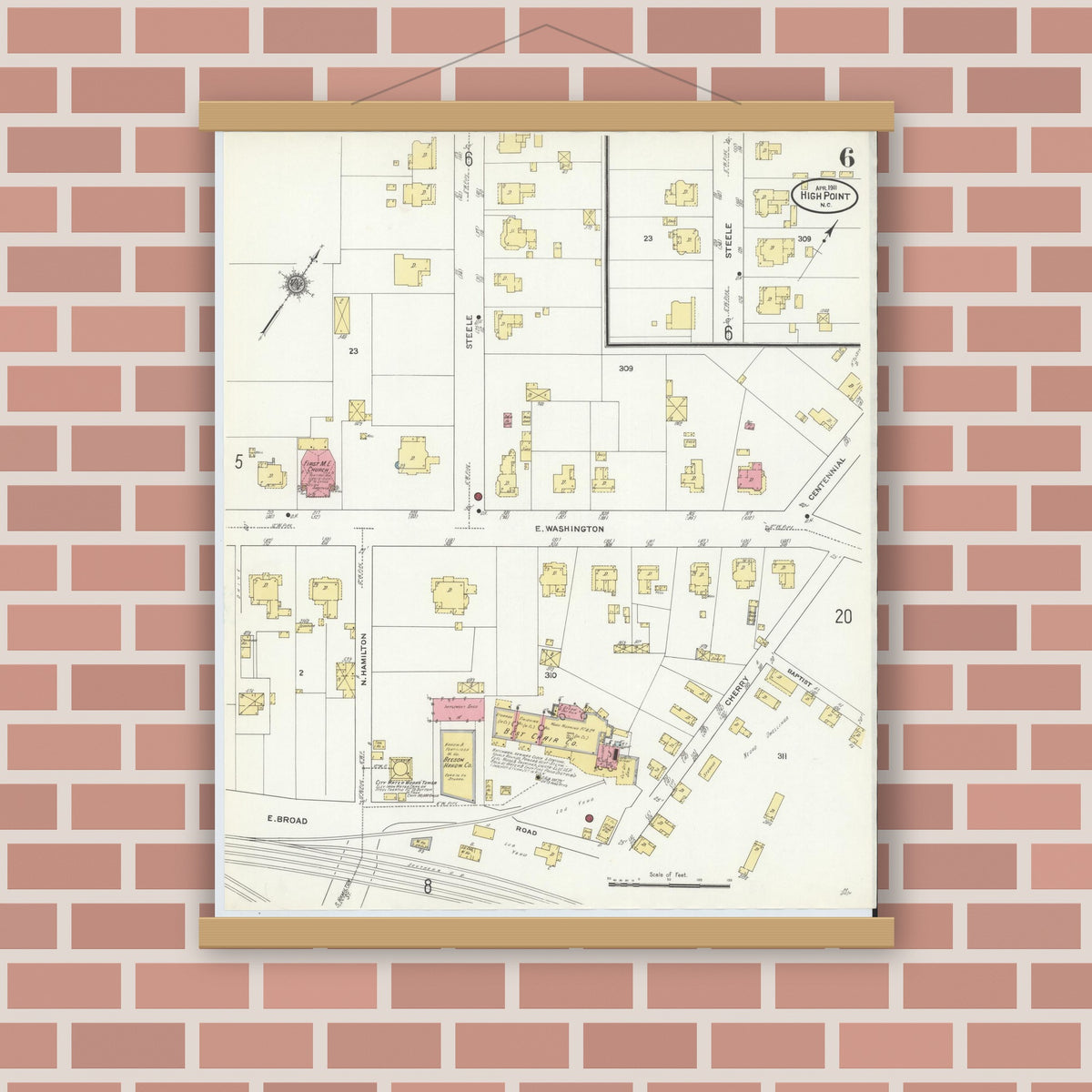 Old map wall art mockup — magnetic wood frame on brick wall — Sanborn Fire Insurance Map from High Point, Guilford County, North Carolina (1911), Sheet #0006