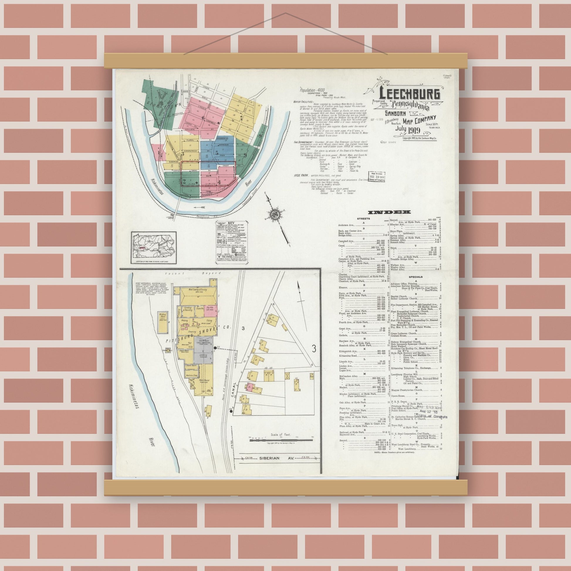 Old map wall art mockup — magnetic wood frame on brick wall — Sanborn Fire Insurance Map from Leechburg, Armstrong County, Pennsylvania (1919), Sheet #0001