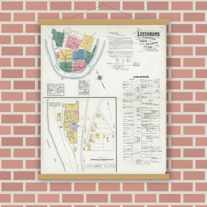 Old map wall art mockup — magnetic wood frame on brick wall — Sanborn Fire Insurance Map from Leechburg, Armstrong County, Pennsylvania (1919), Sheet #0001