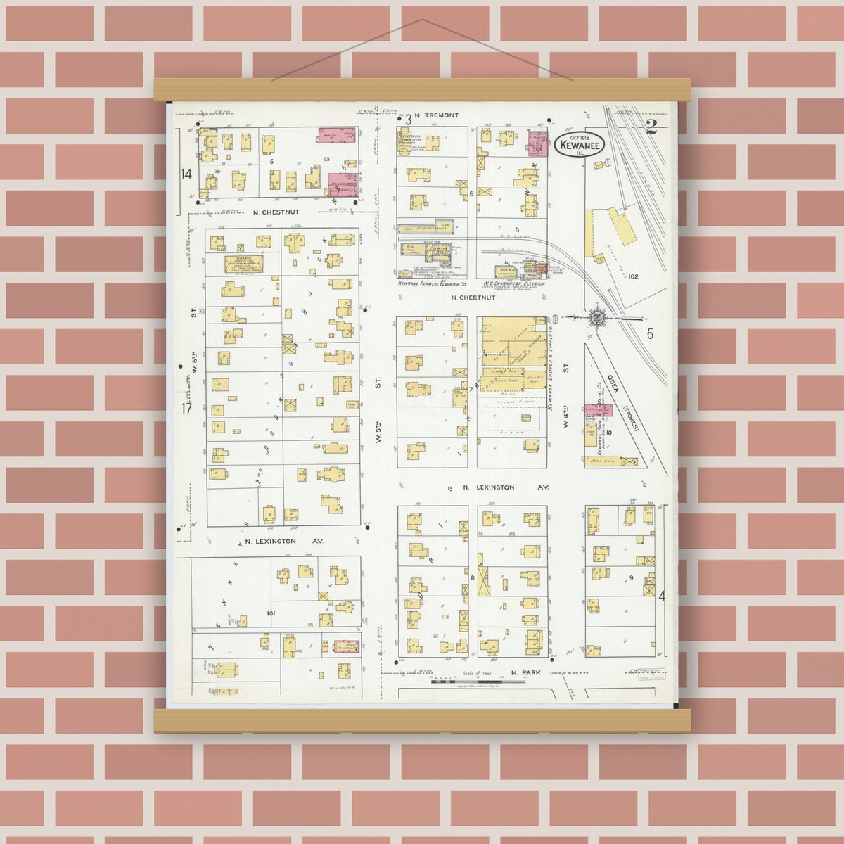 Old map wall art mockup — magnetic wood frame on brick wall — Sanborn Fire Insurance Map from Kewanee, Henry County, Illinois (1918), Sheet #0002