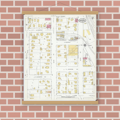 Old map wall art mockup — magnetic wood frame on brick wall — Sanborn Fire Insurance Map from Kewanee, Henry County, Illinois (1918), Sheet #0002