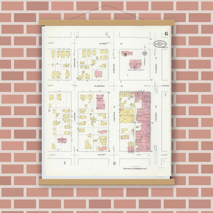 Old map wall art mockup — magnetic wood frame on brick wall — Sanborn Fire Insurance Map from Charlotte, Eaton County, Michigan (1911), Sheet #0006