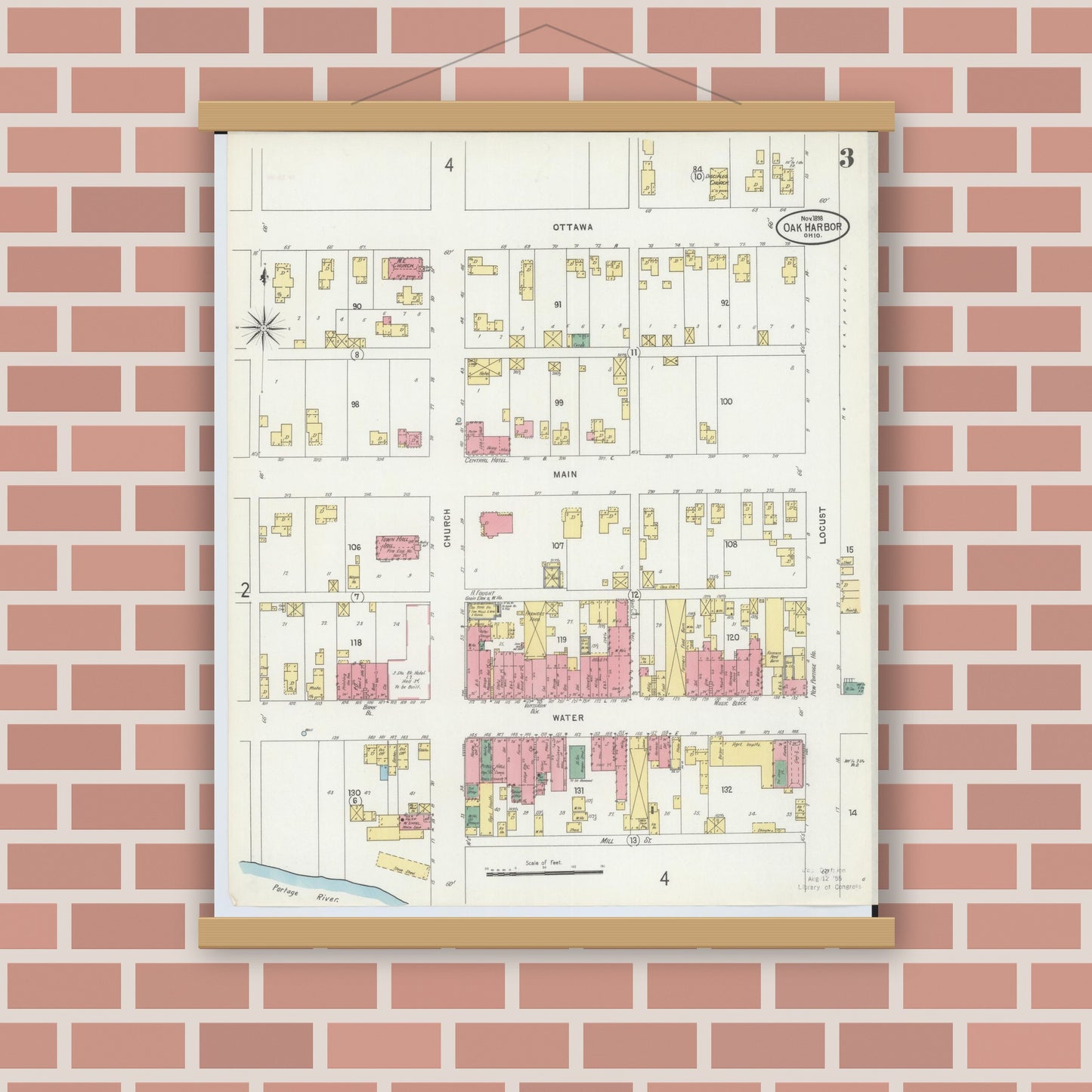 Old map wall art mockup — magnetic wood frame on brick wall — Sanborn Fire Insurance Map from Oak Harbor, Ottawa County, Ohio (1898), Sheet #0003