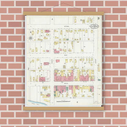 Old map wall art mockup — magnetic wood frame on brick wall — Sanborn Fire Insurance Map from Oak Harbor, Ottawa County, Ohio (1898), Sheet #0003