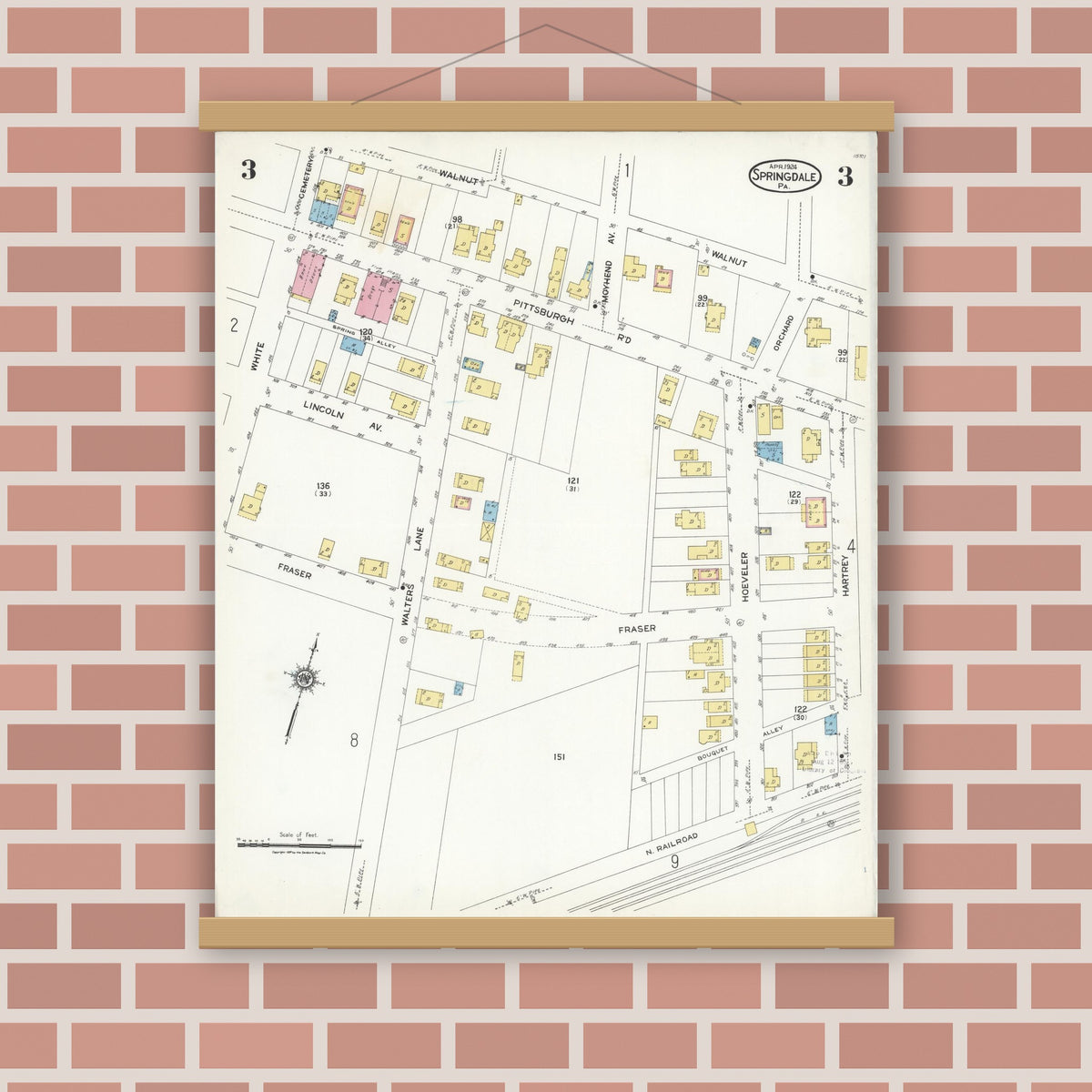 Old map wall art mockup — magnetic wood frame on brick wall — Sanborn Fire Insurance Map from Springdale, Allegheny County, Pennsylvania (1924), Sheet #0003