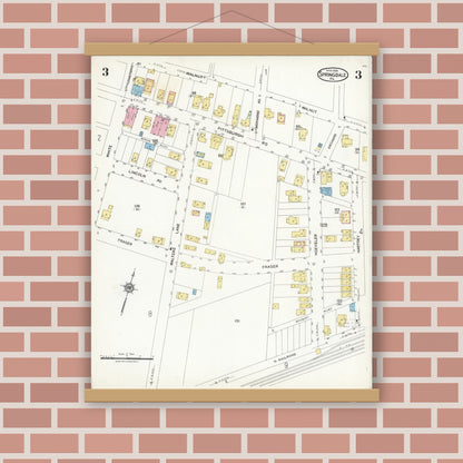 Old map wall art mockup — magnetic wood frame on brick wall — Sanborn Fire Insurance Map from Springdale, Allegheny County, Pennsylvania (1924), Sheet #0003