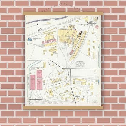 Old map wall art mockup — magnetic wood frame on brick wall — Sanborn Fire Insurance Map from Connellsville, Fayette County, Pennsylvania (1908), Sheet #0017