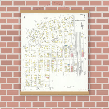 Old map wall art mockup — magnetic wood frame on brick wall — Sanborn Fire Insurance Map from Centralia, Marion, Clinton, Jefferson, and Washington Counties, Illinois (1938), Sheet #0007
