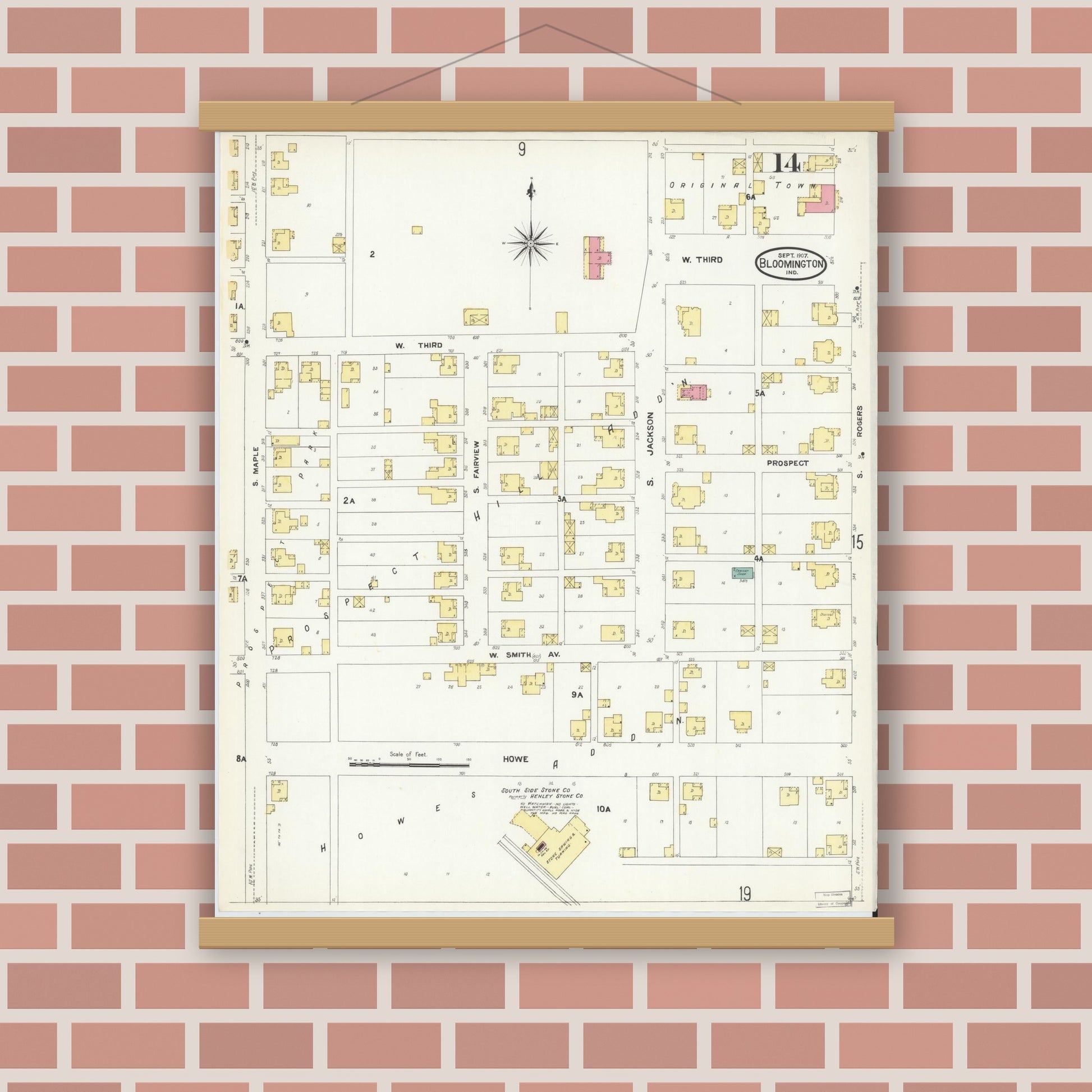 Old map wall art mockup — magnetic wood frame on brick wall — Sanborn Fire Insurance Map from Bloomington, Monroe County, Indiana (1907), Sheet #0014