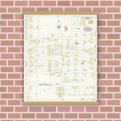 Old map wall art mockup — magnetic wood frame on brick wall — Sanborn Fire Insurance Map from Bloomington, Monroe County, Indiana (1907), Sheet #0014