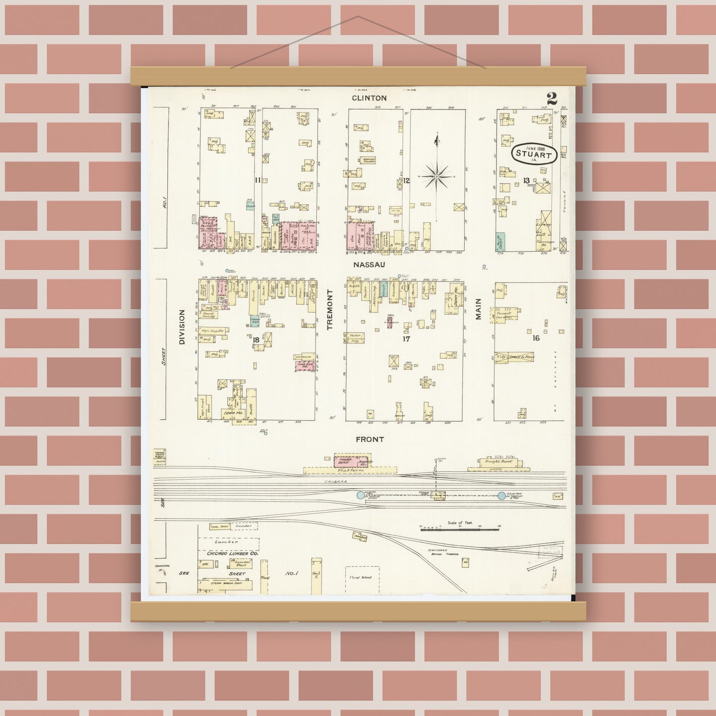 Old map wall art mockup — magnetic wood frame on brick wall — Sanborn Fire Insurance Map from Stuart, Guthrie and Adair Counties, Iowa (1888), Sheet #0002