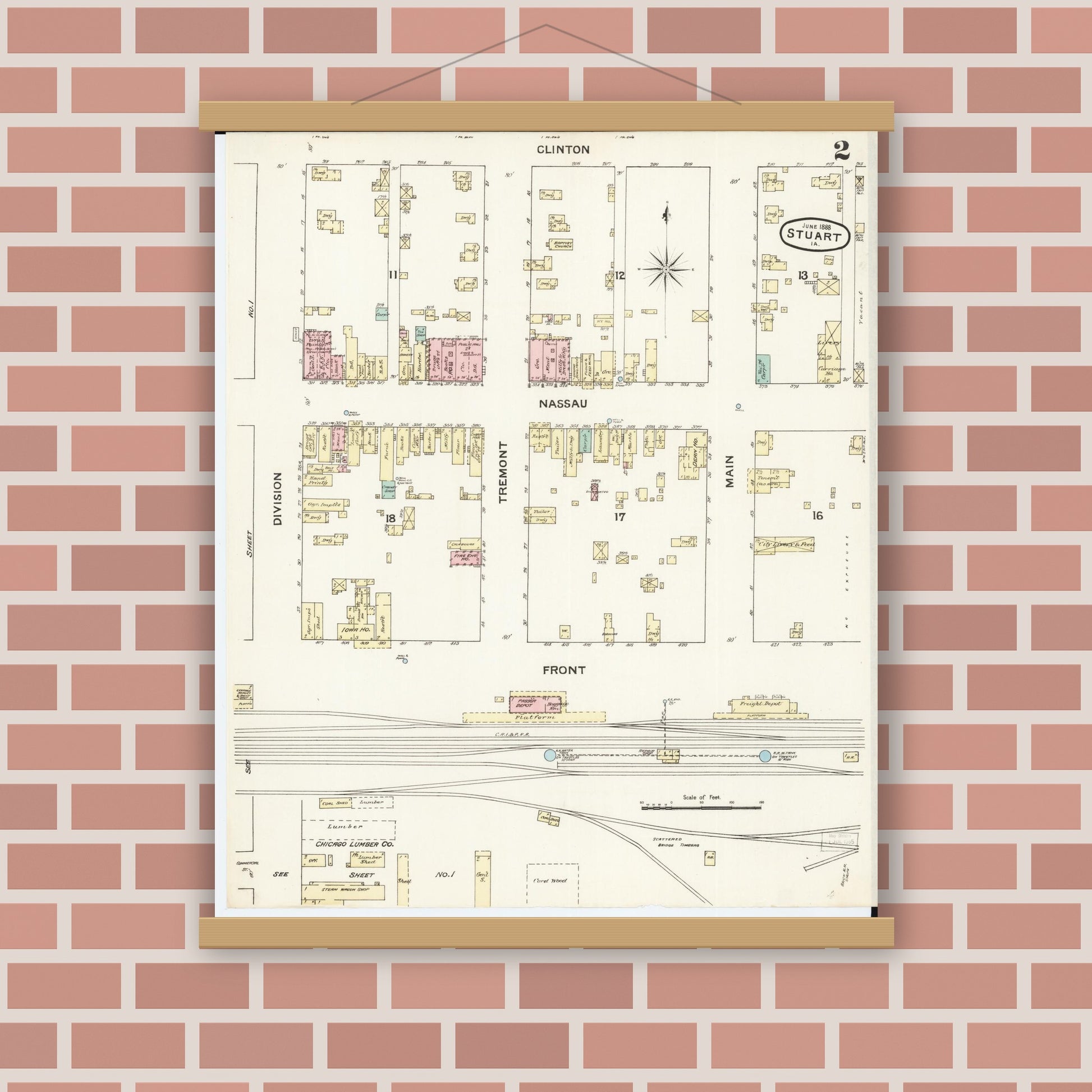 Old map wall art mockup — magnetic wood frame on brick wall — Sanborn Fire Insurance Map from Stuart, Guthrie and Adair Counties, Iowa (1888), Sheet #0002