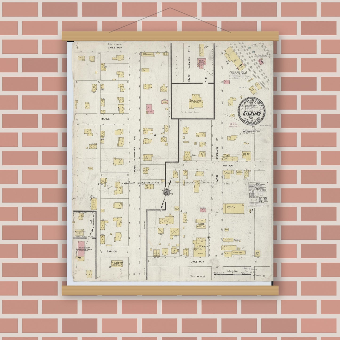 Old map wall art mockup — magnetic wood frame on brick wall — Sanborn Fire Insurance Map from Sterling, Wayne County, Ohio (1911), Sheet #0001