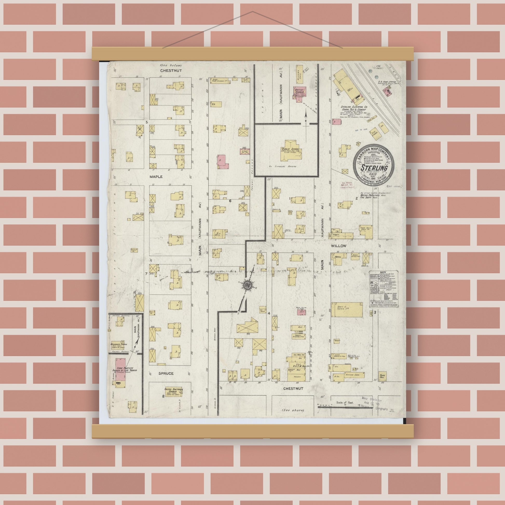 Old map wall art mockup — magnetic wood frame on brick wall — Sanborn Fire Insurance Map from Sterling, Wayne County, Ohio (1911), Sheet #0001