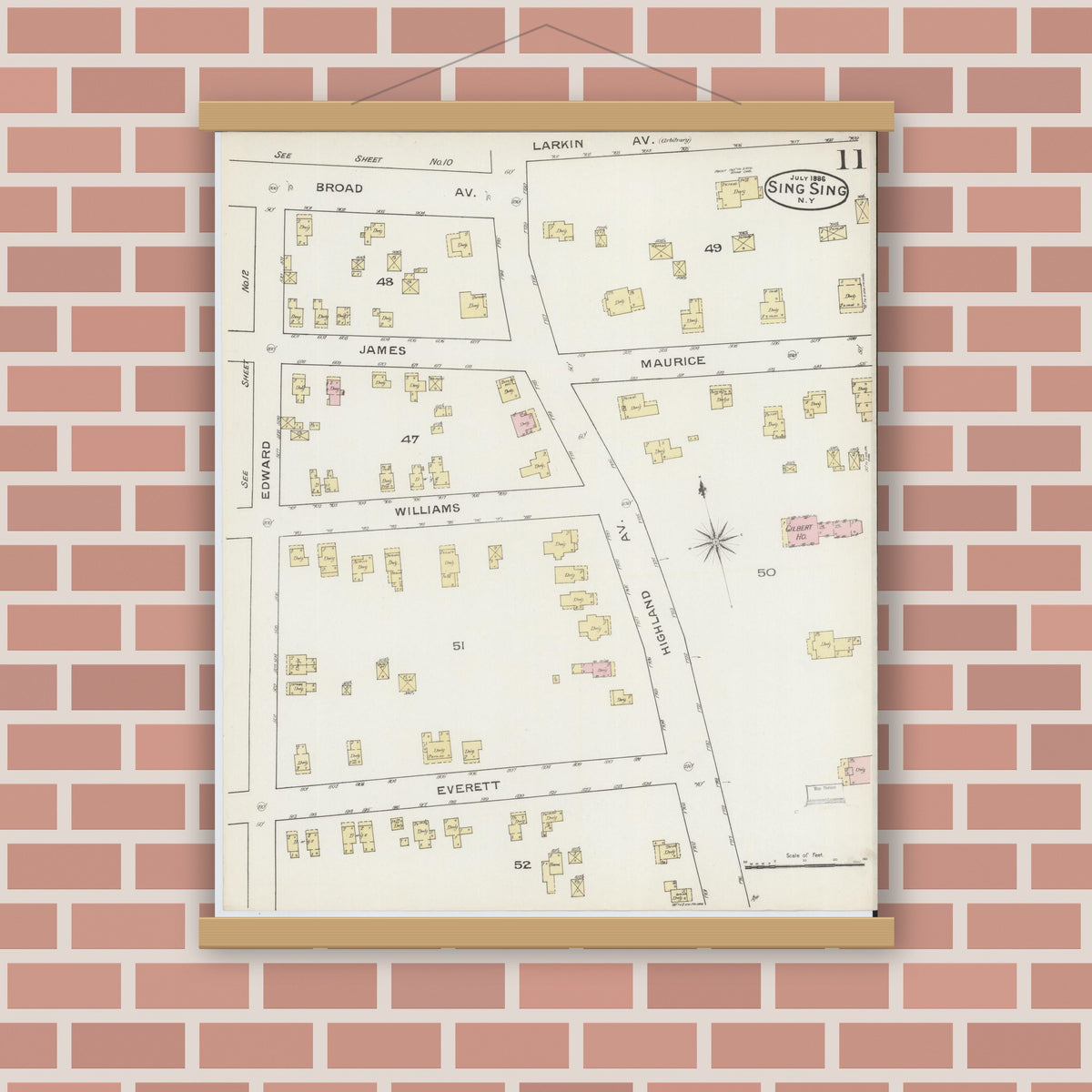 Old map wall art mockup — magnetic wood frame on brick wall — Sanborn Fire Insurance Map from Sing Sing, Westchester County, New York (1886), Sheet #0011