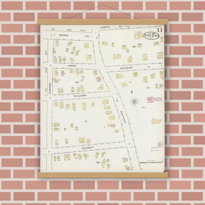 Old map wall art mockup — magnetic wood frame on brick wall — Sanborn Fire Insurance Map from Sing Sing, Westchester County, New York (1886), Sheet #0011