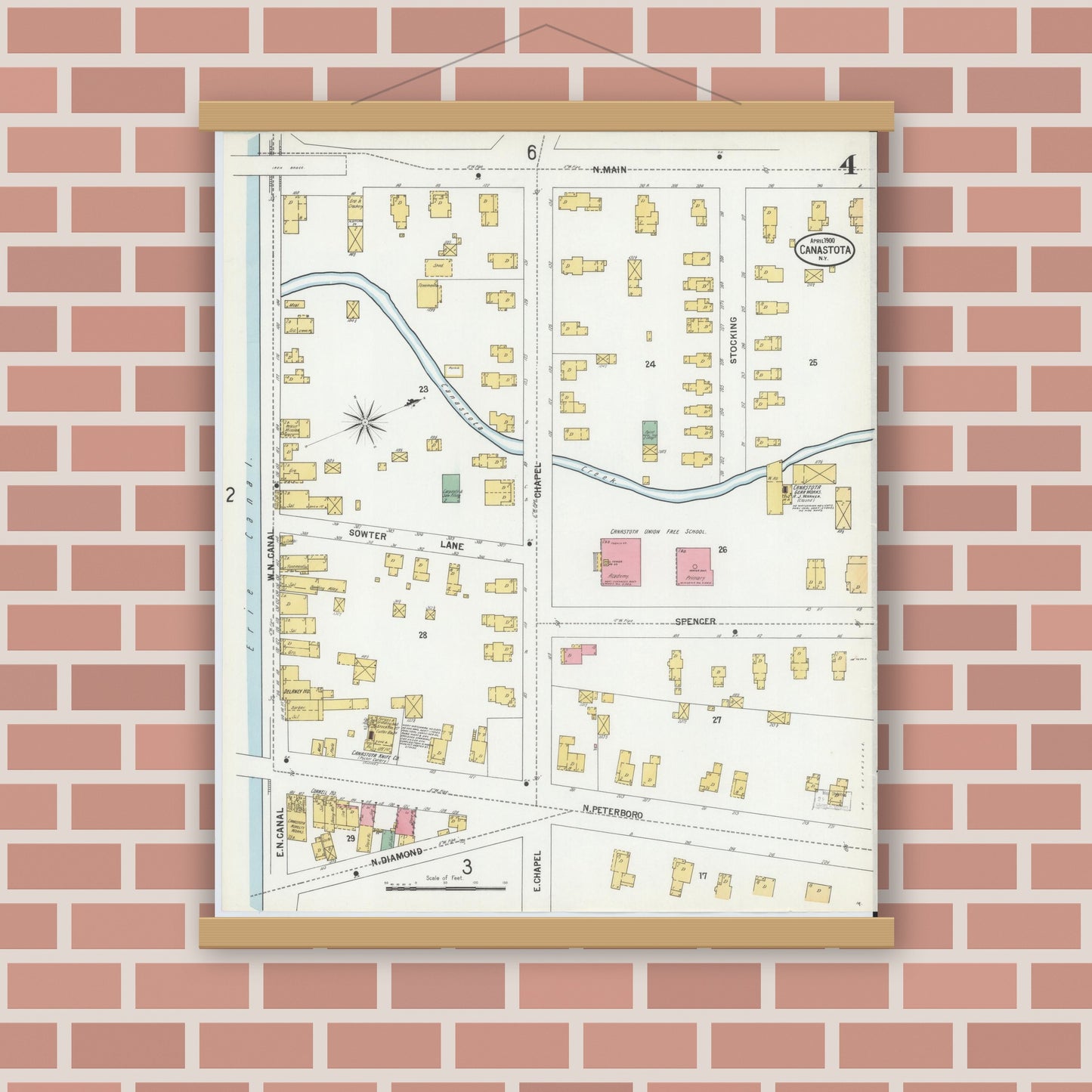 Old map wall art mockup — magnetic wood frame on brick wall — Sanborn Fire Insurance Map from Canastota, Madison County, New York (1900), Sheet #0004