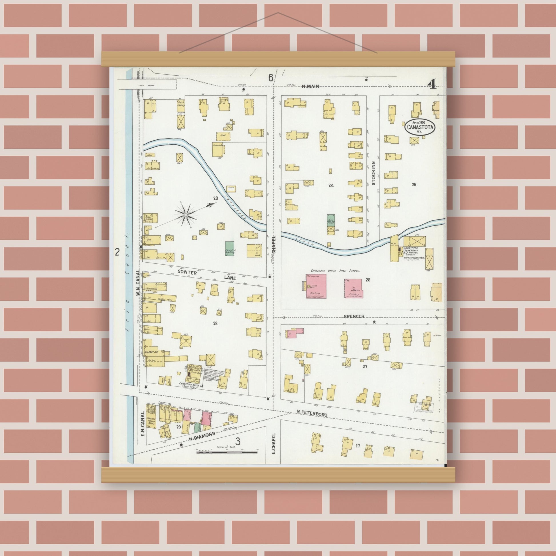 Old map wall art mockup — magnetic wood frame on brick wall — Sanborn Fire Insurance Map from Canastota, Madison County, New York (1900), Sheet #0004