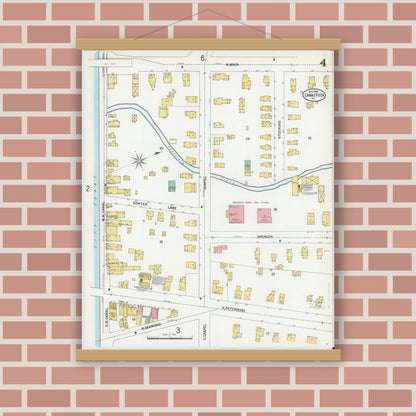 Old map wall art mockup — magnetic wood frame on brick wall — Sanborn Fire Insurance Map from Canastota, Madison County, New York (1900), Sheet #0004