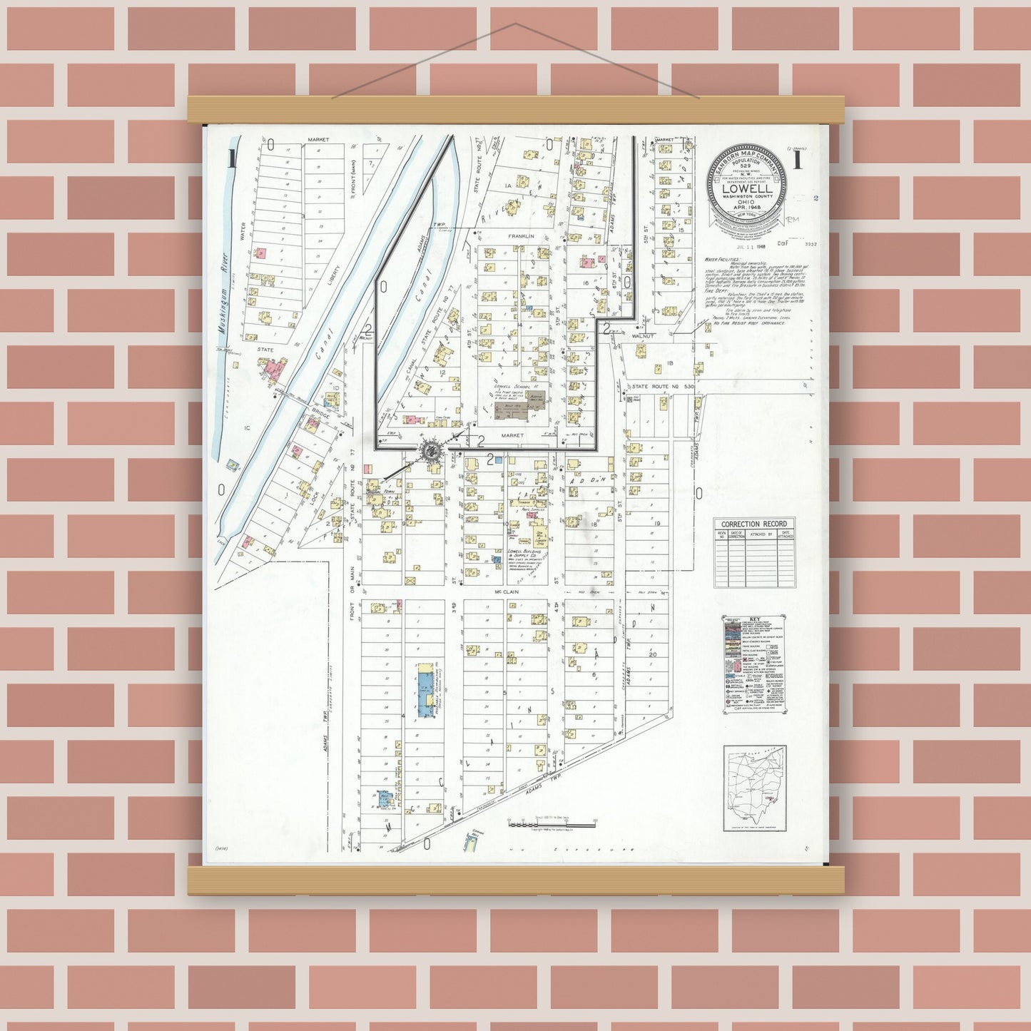 Old map wall art mockup — magnetic wood frame on brick wall — Sanborn Fire Insurance Map from Lowell, Washington County, Ohio (1948) - Complete Map Set