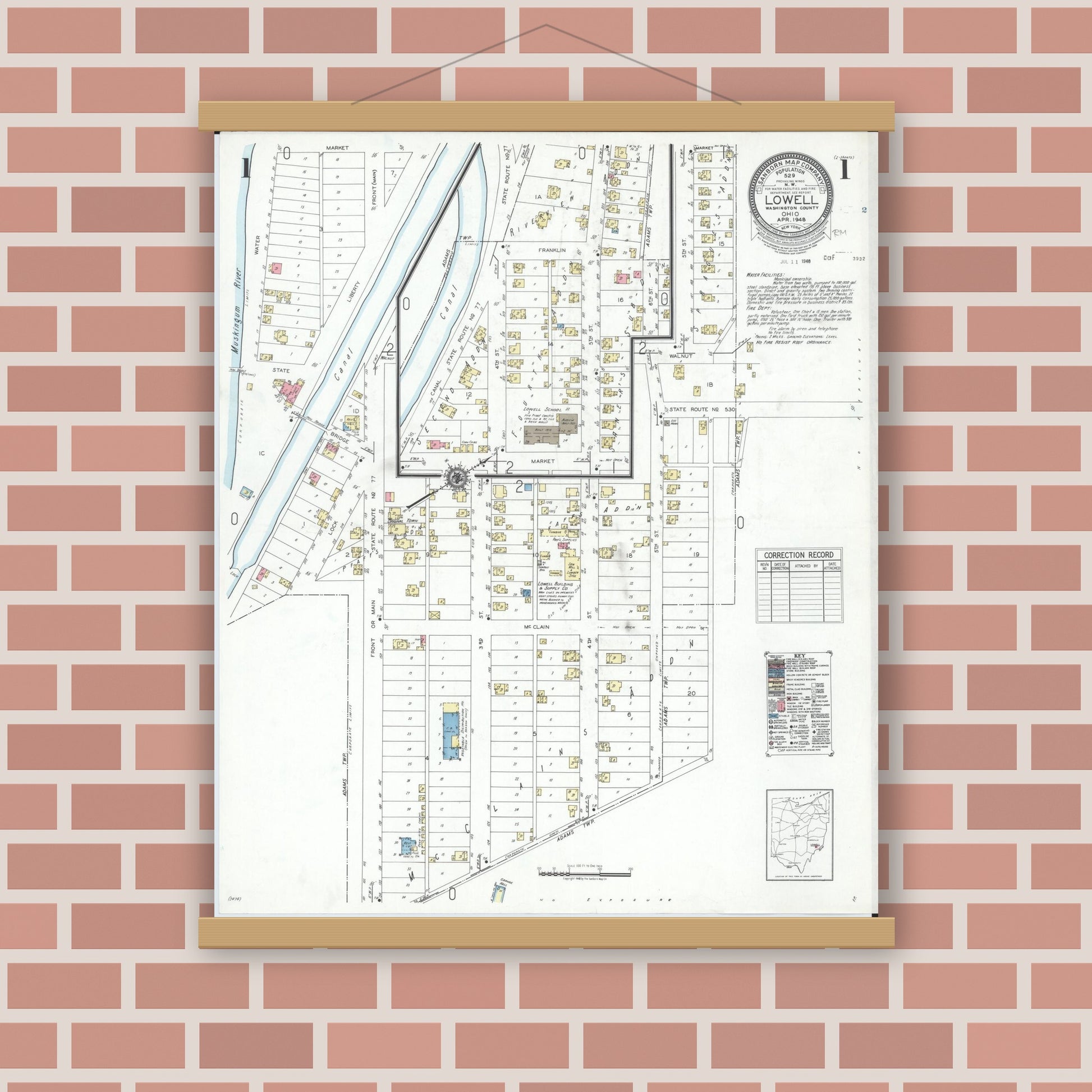 Old map wall art mockup — magnetic wood frame on brick wall — Sanborn Fire Insurance Map from Lowell, Washington County, Ohio (1948) - Complete Map Set