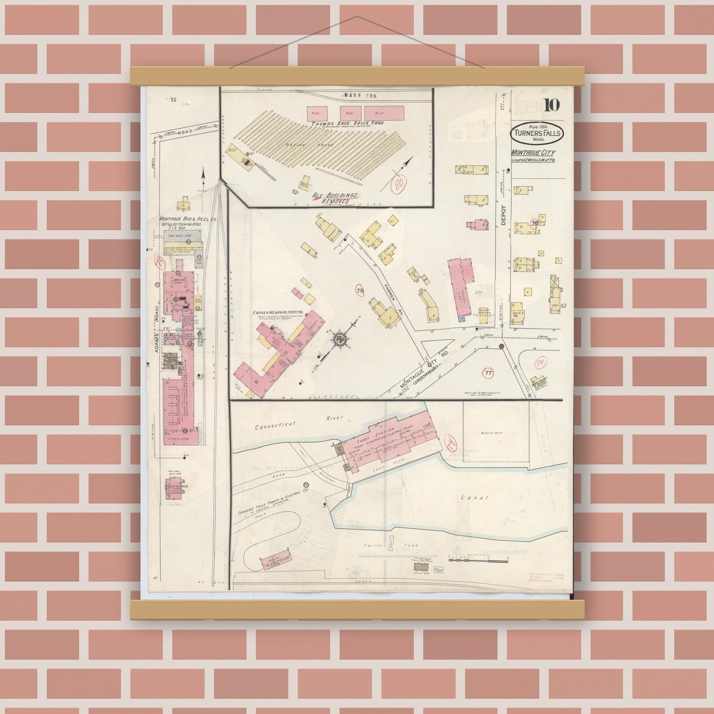 Old map wall art mockup — magnetic wood frame on brick wall — Sanborn Fire Insurance Map from Turners Falls, Franklin County, Massachusetts (1940), Sheet #0010